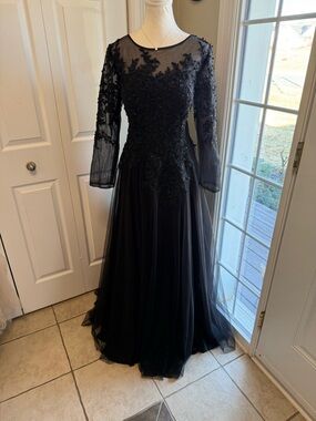 JJs House Black Appliqué Long-Sleeve Tulle Gown